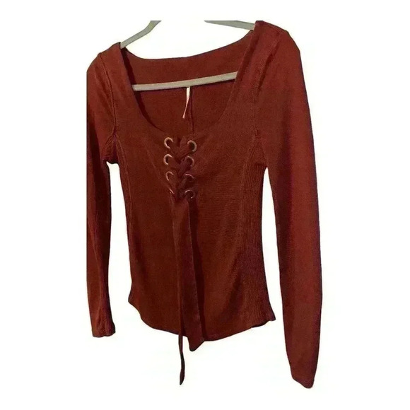 Free People Rust Long Sleeve Lace-Up Top - Picture 4 of 8